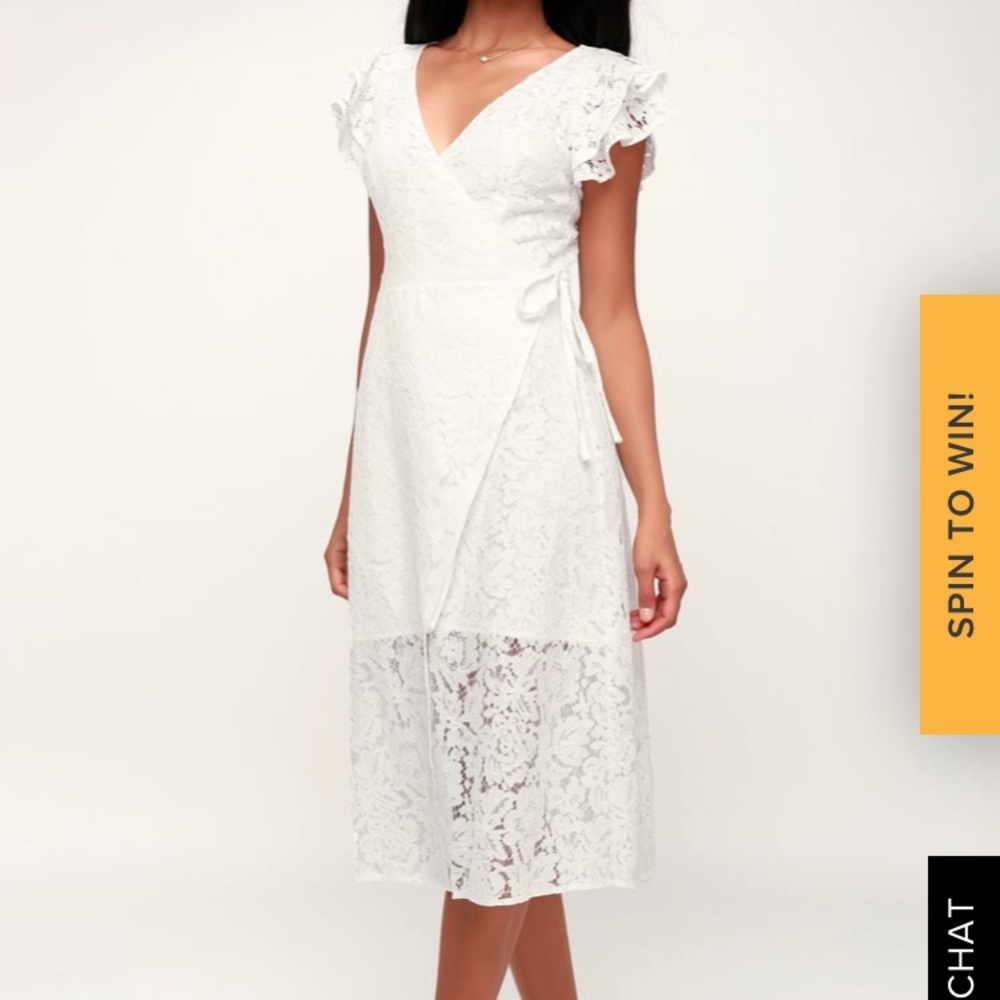 LACES AND PAPER FLOWERS WHITE LACE WRAP MIDI DRESS